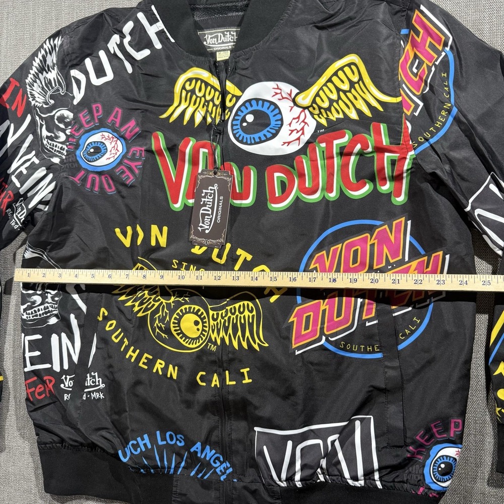 Von Dutch Jacket Mens XL Black Multicolor Graphic Bomber Full Zip Logo Allover - Picture 4 of 6
